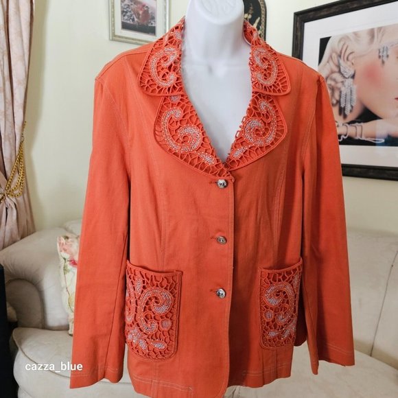 MOFFI International Vintage Tailored Women's Plus Size Orange Denim Jacket - Picture 2 of 14